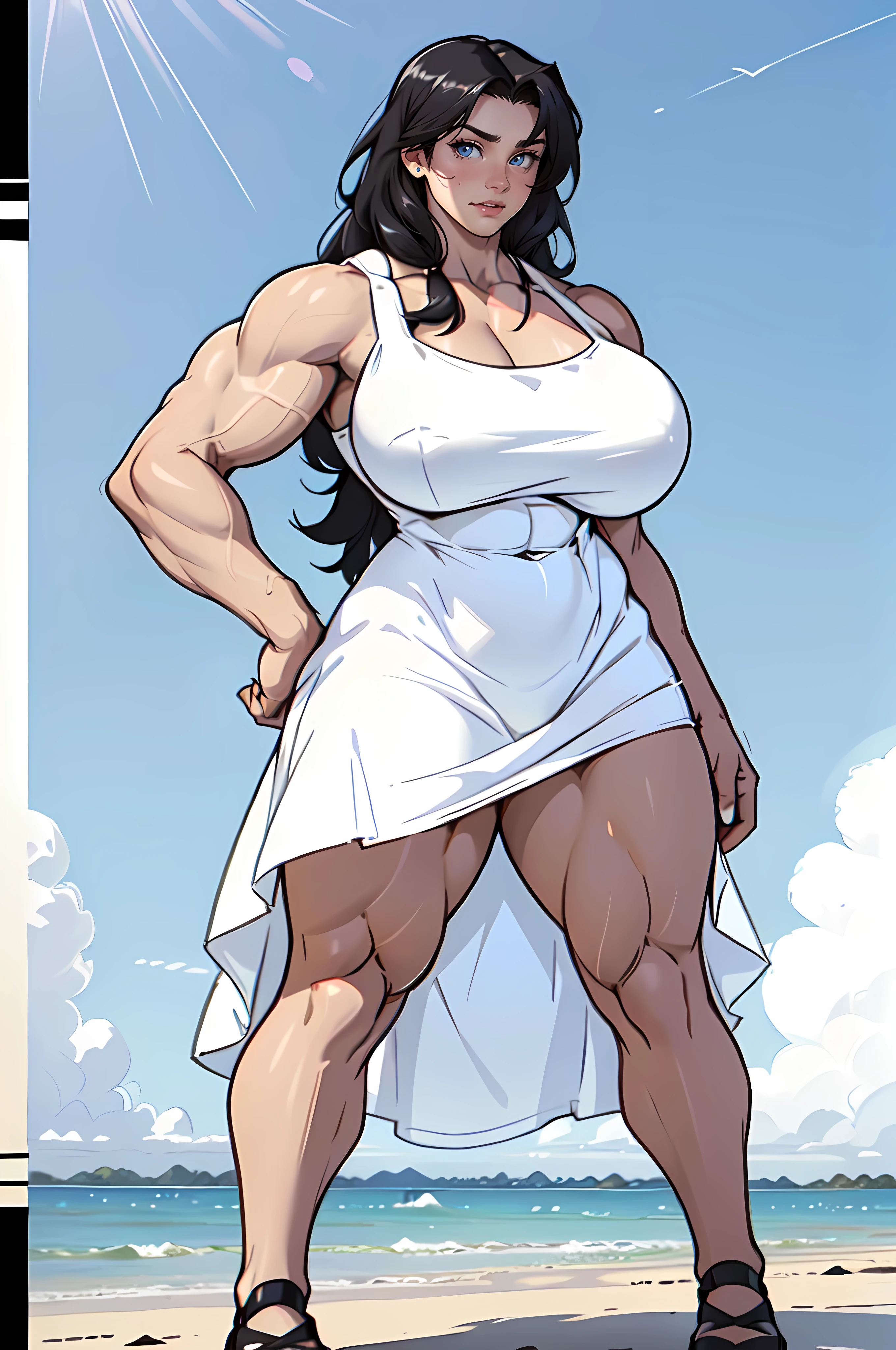 (Full Body) ((Tall)) (Wide hips:1.6) (Narrow waist:1.6) ((Long Legs:1.5)) (Massive Female Bodybuilder:1.8) (huge breasts:2) thick sunny sky clouds black hair yellow eyes (white sundress:1.7) black hair yellow eyes pale skin solo joyful long straight hair