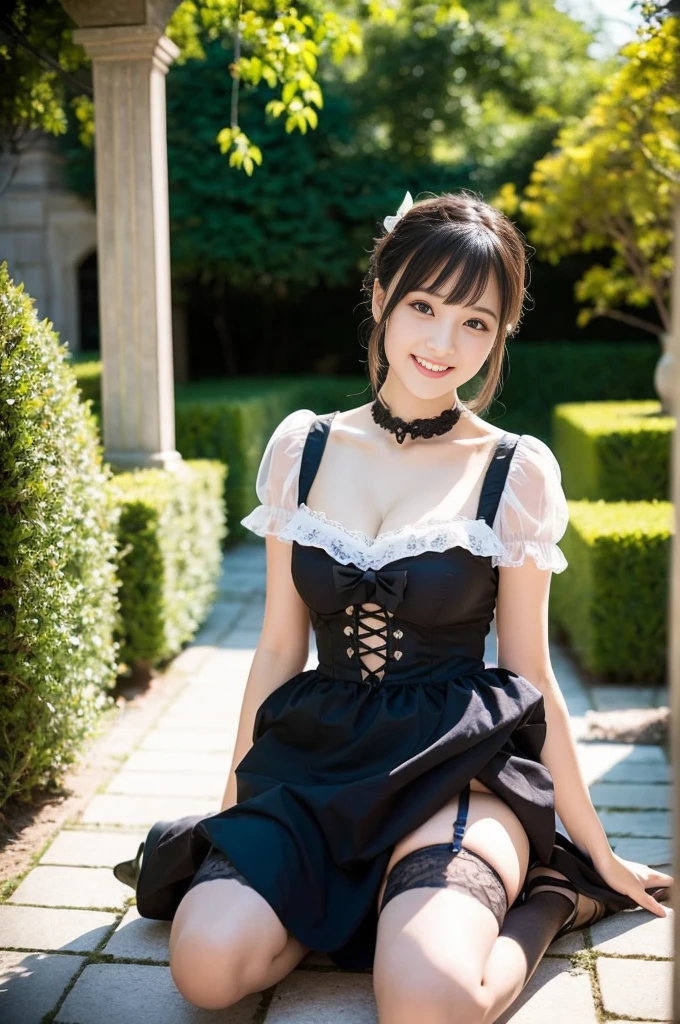 Pure Japanese maid girl, wearing traditional dark color French maid dress and accessories, garter stockings, high heels, vivid makeup, arranged hair styles, sweet smile, sitting and relaxed mood, antique gothic style garden, summer sunshine, sweet temptation, sexual attractive, professional portrait photography, 