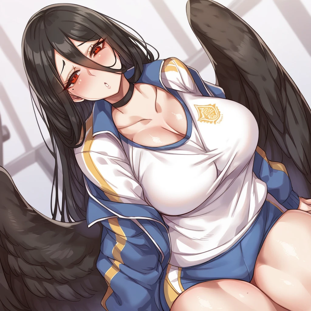 score_9, score_8_up, score_8,source_anime,solo,1girl,  hasumi_\(blue_archive\),hasumi_\(track\)_\(blue_archive\),1girl,official_alternate_costume,black_wings,white_shirt,gym_uniform,black_choker,mole_under_eye,track_jacket,feathered_wings,huge_breasts,large_breasts,gym_shirt,, uncensored,