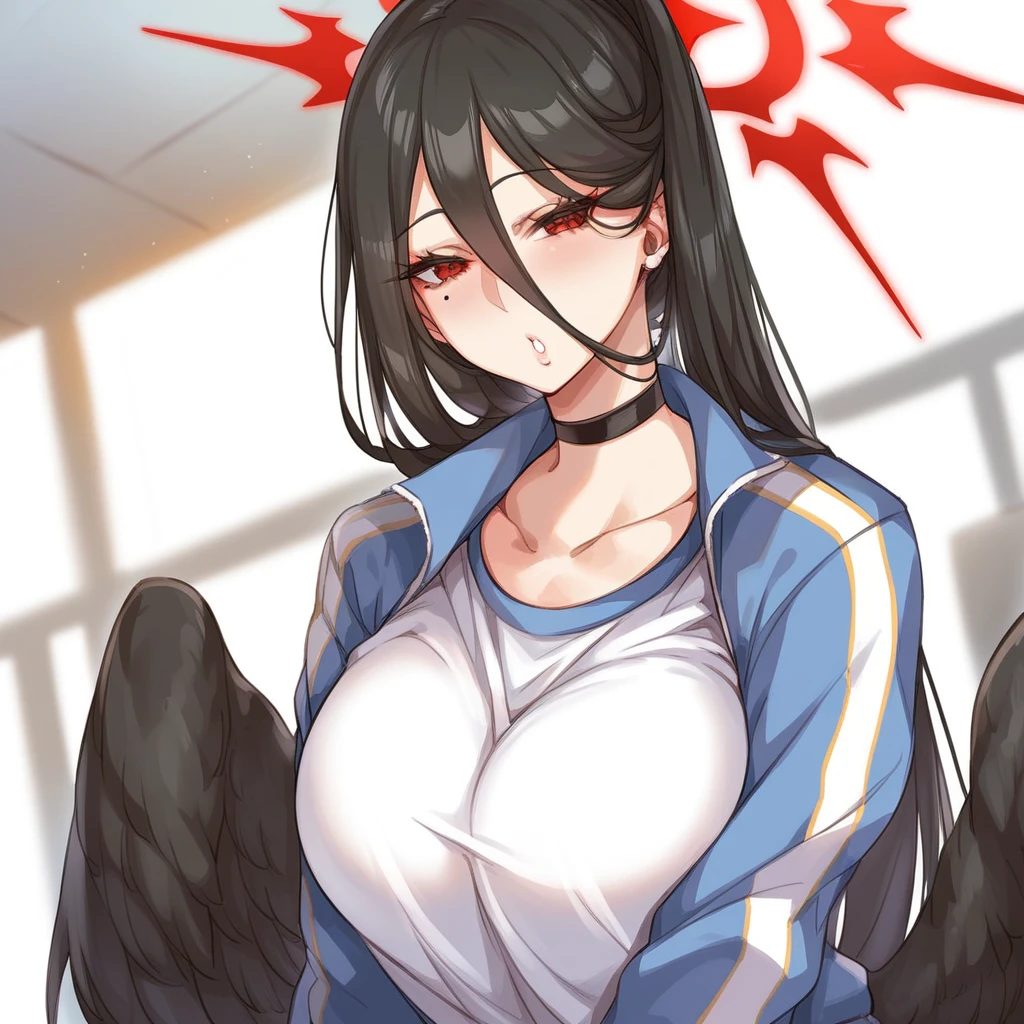 hasumi ba, very Long Hair, white shirt, Long Hair, Partially defrosted, Simple Background, choker, blue Jacket, alone, Jacket, Black Hair, White Background, Leaning forward, wing, (Huge breasts,sagging breast) black good, good, blush, One girl, Gym suit, See-through, Sweat, black choker, Mole under eye, Hair between the eyes, Red eyes, low wing, shirt, ponytail, Hello, black wing, Mole