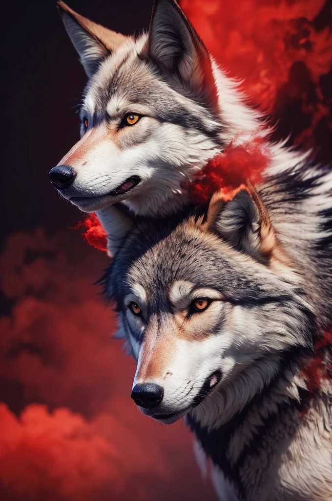 Make a wolf with red smoke in the background
