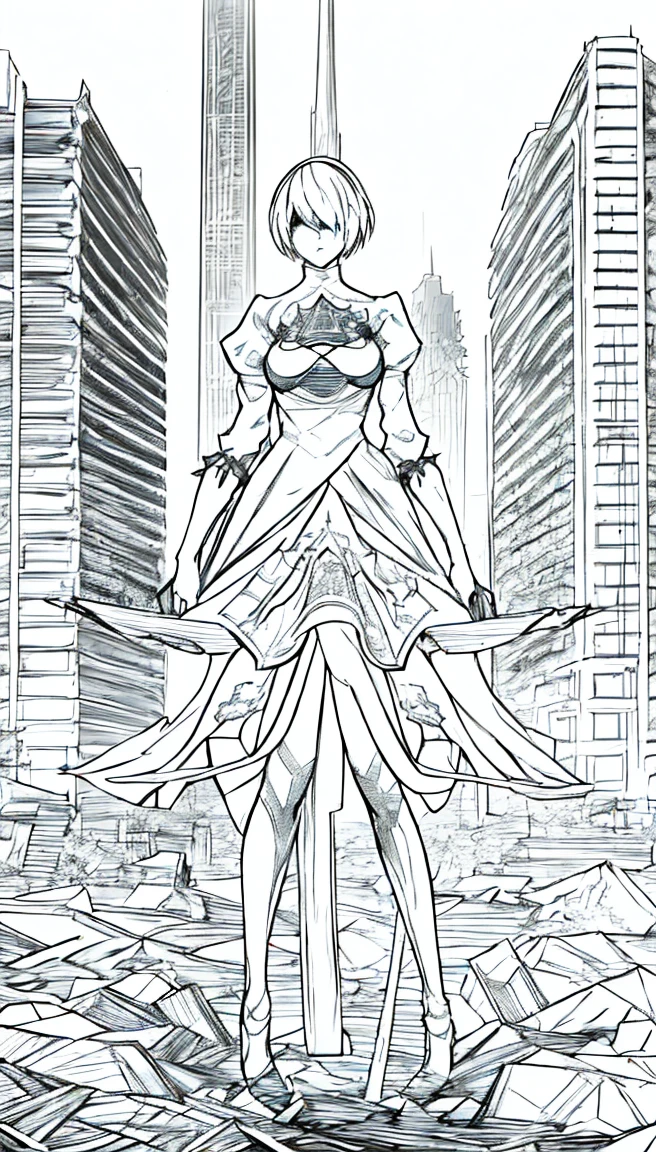 (1girl), Black and white manga, manga art style, manga lineart style, 2B \(NieR:Automata\), character 2B from NieR:Automata, good anatomy, masterpiece, high resolution, high res, high quality, full art panel, full body panel, full body full art panel, highly detailed, destroyed city scape background,