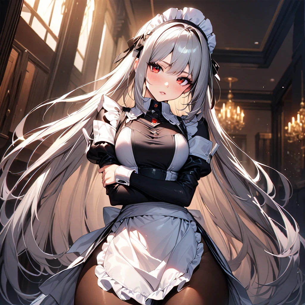 (masterpiece),(Highest quality),(Super detailed),(Best illustrations),(so beautiful), Silver Hair, Red eyes, Very long hair, pantyhose, Maid, headdress,apron, Armed