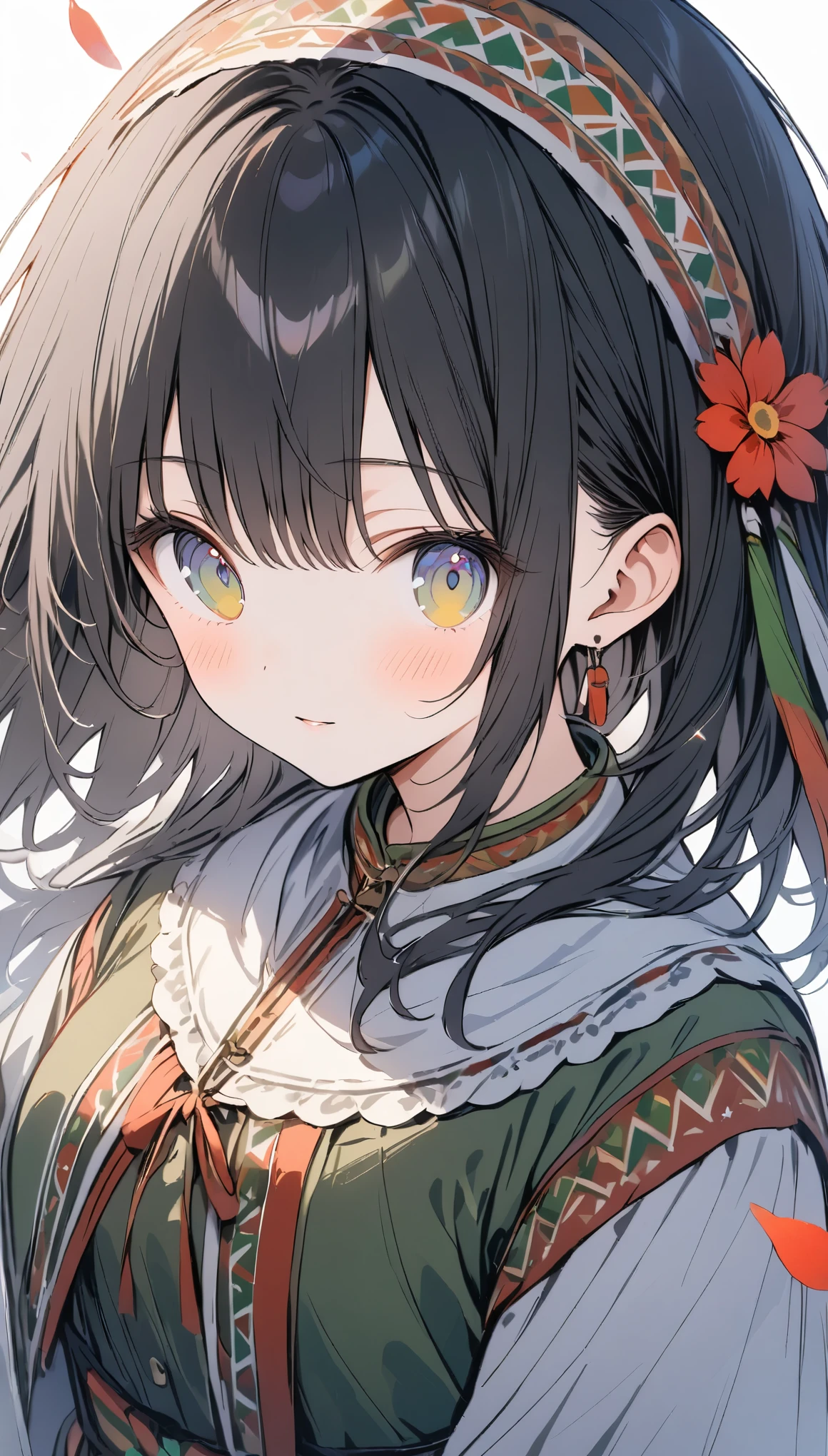 Very detailed、Very absurd、超High resolution, Attention to detail, high quality, High resolution, 最high quality, 4K, 8K,((Bulgarian national costume、Sukuman)),(A portrait of a person wearing a white scarf on their head.),(Red and green clothes),High Angle,Golden Ratio,Black Hair,Emerald Eyes,one Girls、Flower field background、Petals flutter、arched back、full body