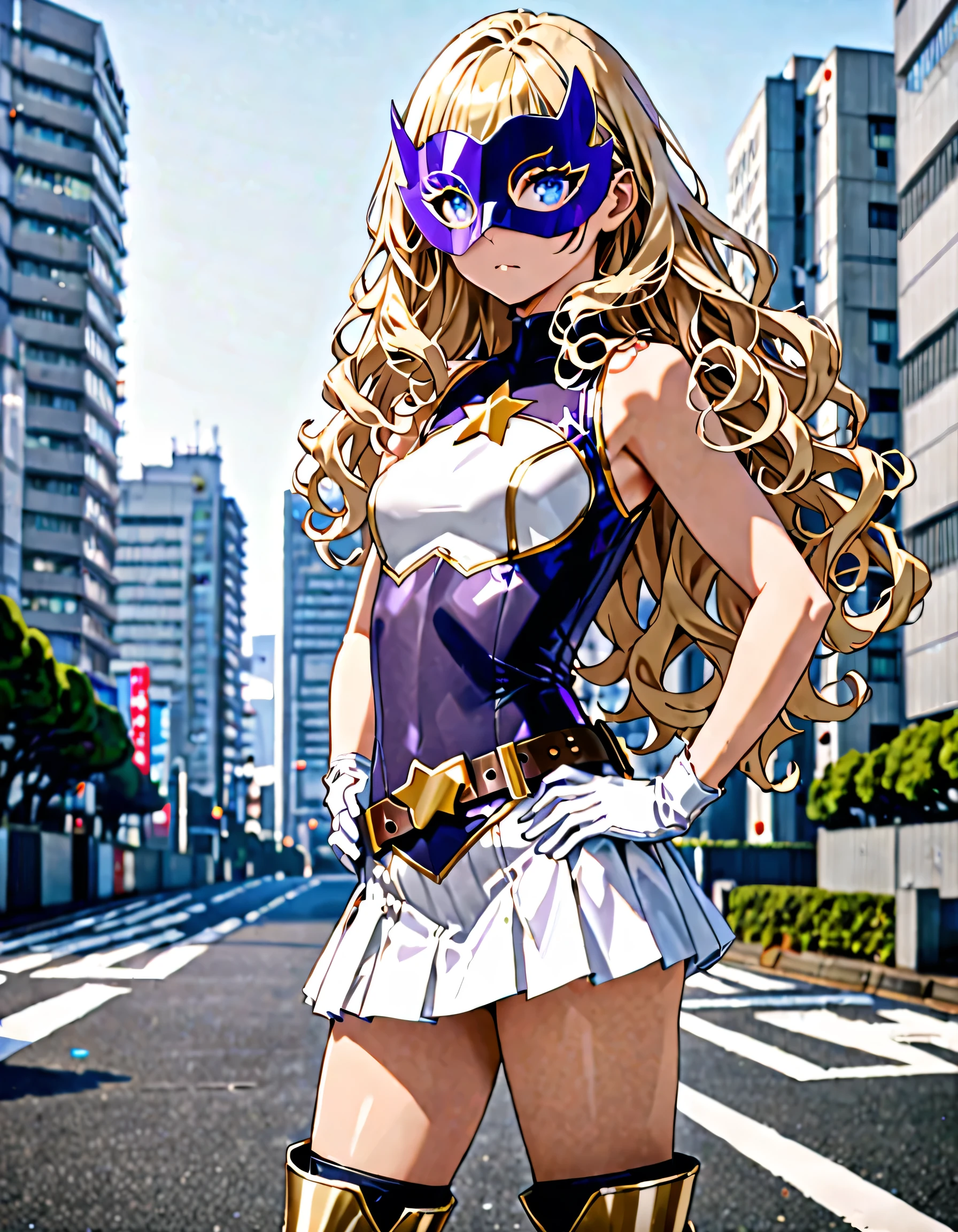 One girl, Medium chest, (((Upper Body))),(((leotard, White and blue leotard, No sleeve, White mini skirt))), ((Tight belt, Gold belt)), ((boots, matching boots, ankle boots, white boots)), ((gloves, white gloves)), Urban Background, tokyo Urban Background, alone, single, Hands on hips, Are standing, (((Upper Bodyショット))), Cowboy Shot, superhero, ((Beautiful attention to detail)), (Gold star symbol on chest), (((Purple eye mask))),(((blue eyes))),(((Blonde Hair, Medium length curly hair, blue eyes))), (Perfect Anatomy), masterpiece, (((Highest quality))),