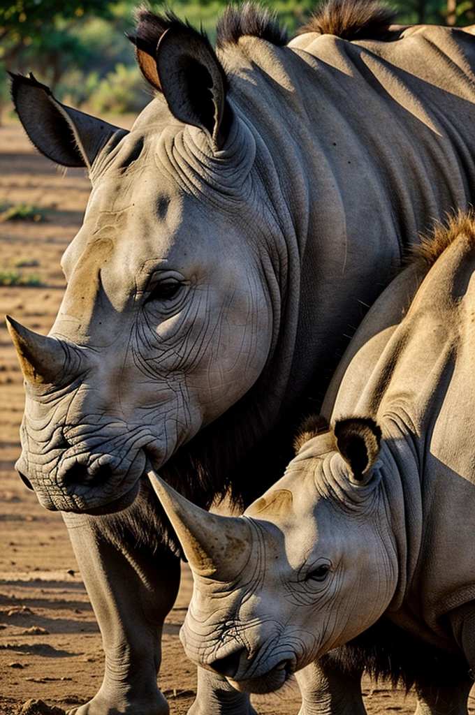 Generate a photo for me where a rhinoceros is having sexual relations with a lion that is somewhat furry and that they are both male