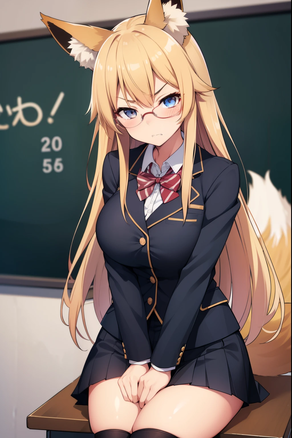 Animal earsの綿毛, Animal ears, Fox Ears, Fox Girl, Fox tail, blonde, Long Hair,tail,blazer,mini skirt,Knee socks,((Big Breasts:1.2)), Glasses,Angry face, Blushing,((classroom)),Arms crossed,Looking up,
Looking at the audience, Highest quality, High resolution, unity 8k wallpaper,