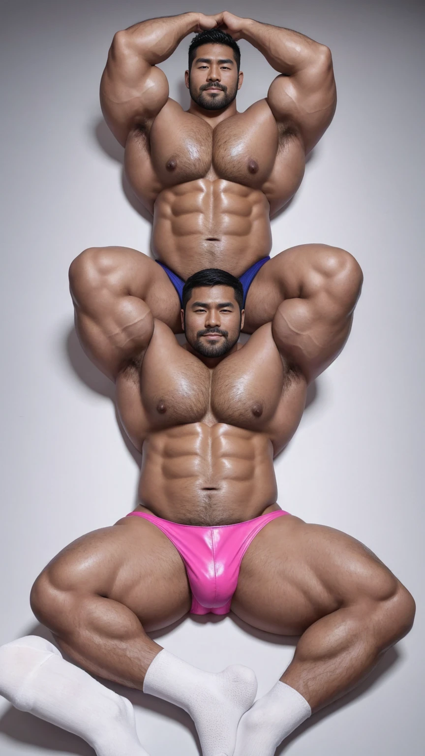 There is only one handsome Asian actor in the photo,35 years old,High target, Fitness,short hair, O-Shaped Beard,Perfect body, Dark skin color,Radiant Skin,Smooth skin,Shiny, shiny skin,Smooth pectoral muscles,No chest hair,No body hair,Muscle bulge, muscular, Very large pectoral muscles,Very sexy abdominal muscles,Very well-developed leg muscles,Huge concave and convex area,Brightens oily skin,Wearing a pink leather shiny thong,Handsome face, Correct and accurate male body proportions, Wear white socks,Lying on gray background。