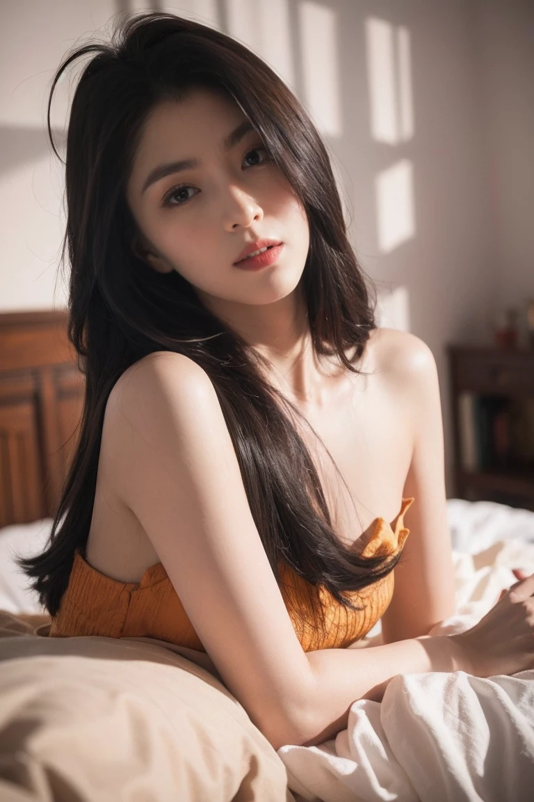 Asian woman in her early 50s lying on the bed wearing a red and gold, naked portrait,  nude photography, goddess of Japan, Very beautiful face,face perfect,(A detailed eye,real looking skin,Detailed skin,lipgloss),ighly detailed, gorgeous chinese model, ig model | ArtGerm, Seductive Girl, ross tran 8 k, Trending on CGSTATION, beautiful alluring female, like artgerm, by Oliver Sin, :: rossdraws, wojtek fus