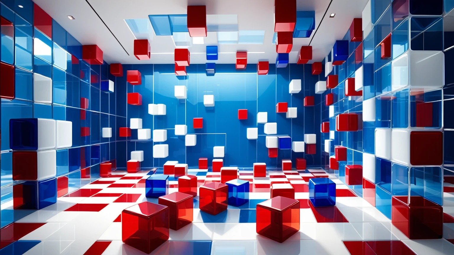 De cristal. Glass-walled room with red, 

white, 

and blue colored cubes forming the walls, 

floor, 

and ceiling, 

featuring floor reflections, 

isometric perspective, 

3d art, 

high detail with ray tracing, 

sharp focus, 

ethereal lighting effects, 

ultra HD resolution, 

realistic textures, 

vivid colors, 

highly detailed surfaces, 

Miki Asai Macro photography,

composed using the principles of perfect composition, 

insanely detailed octane rendering, 

rendered in C4D and OLEND