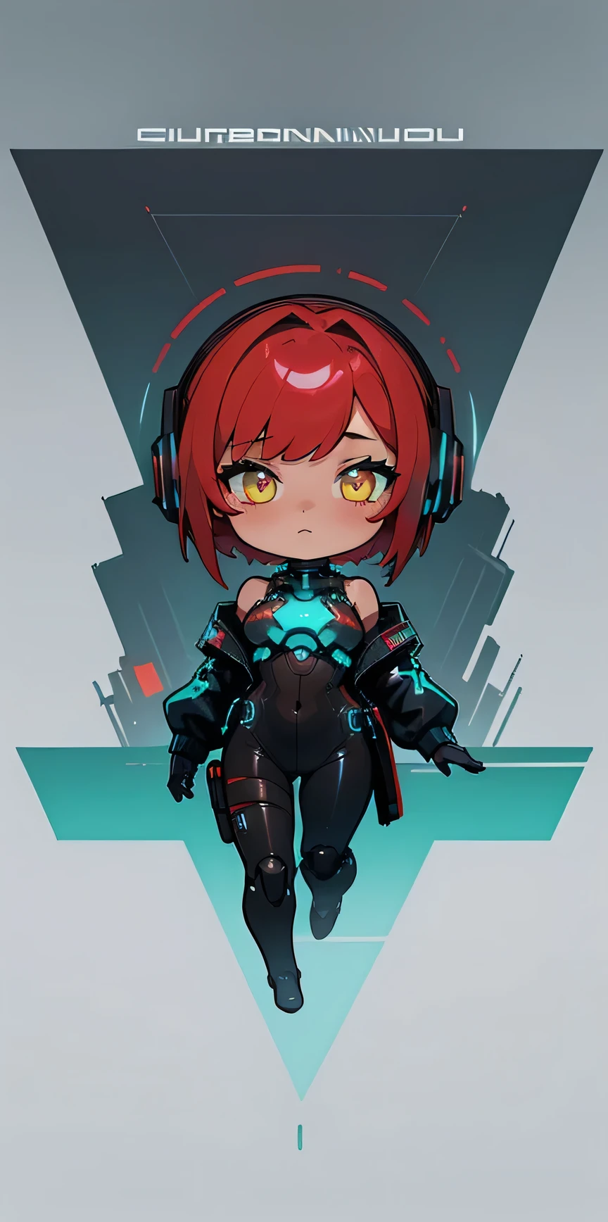 1girl in, android, Cyberpunk, red hair, cyan and yellow eyes, Short hair, White breastplate, Black futuristic headphones, Mechanical black glossy metallic Bodysuit, Bare shoulders, oversized jacket, Glossy, shiny material,chibi emote, chibi character, cyberpunk city,