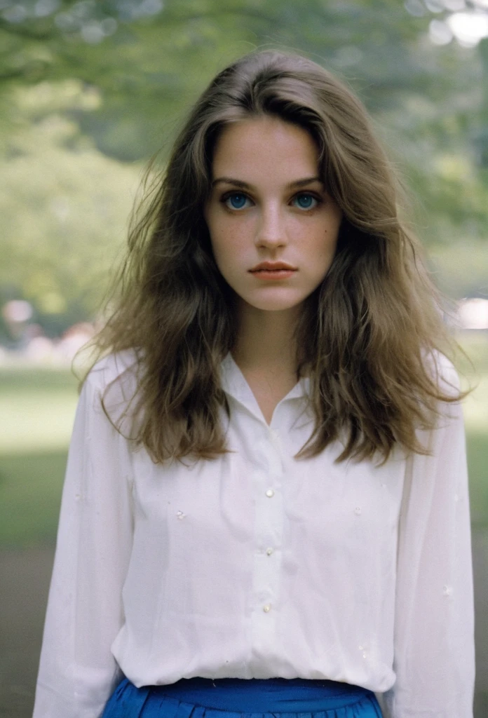 analog analog, grain, (Hyperdetailed Photography:1.2), (flash photography:1.3), Realistic, Imperfect, an incredibly cute (young:1.3) English girl called Brittany2, angelic face, (big eyes:1.1), (freckles in face:0.8), long dark-black feathered hair, blue detailed eyes, skinny, (large natural breasts:1.15), (linnen short skirt), (simple white blouse), Central Park in NYC, 1980s