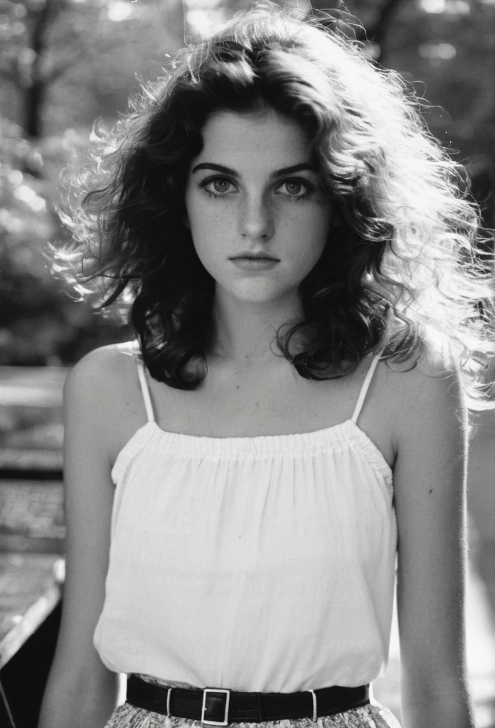 analog analog, grain, (Hyperdetailed Photography:1.2), (flash photography:1.3), Realistic, Imperfect, an incredibly cute (young:1.3) English girl called Brittany2, angelic face, (big eyes:1.1), (freckles in face:0.8), long dark-black feathered hair, blue detailed eyes, skinny, (large natural breasts:1.15), (linnen short skirt), (simple white blouse), Central Park in NYC, 1980s