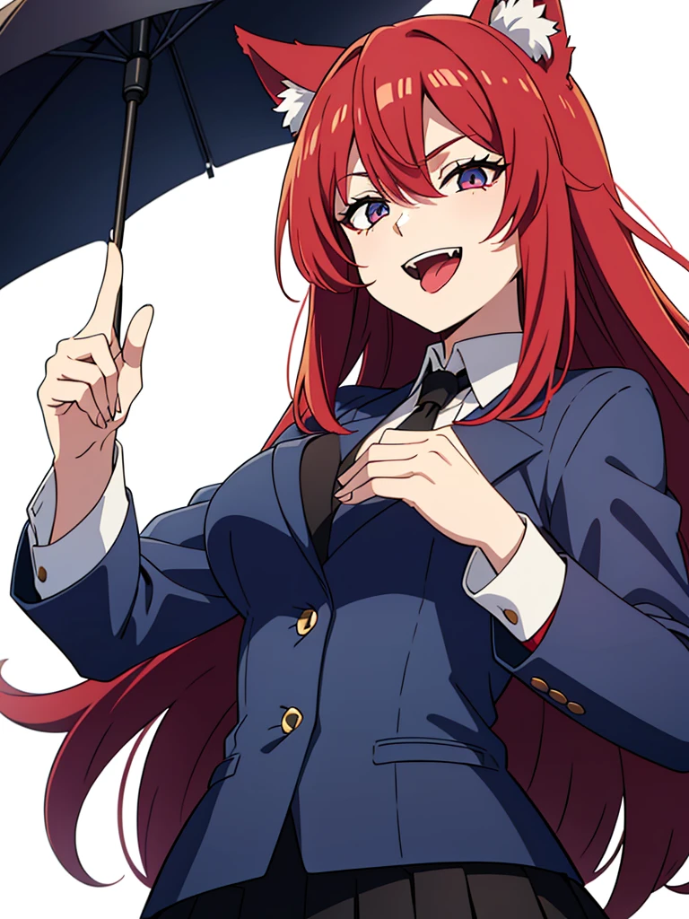 1girl ,solo,20s,mature female,red hair,long hair,fox ears,(white background),shirt,black standard tie,blue blazer,long sleeves, black pleated skirt,(upper body),squinted eyes,:D, tongue out,evil smile,from below