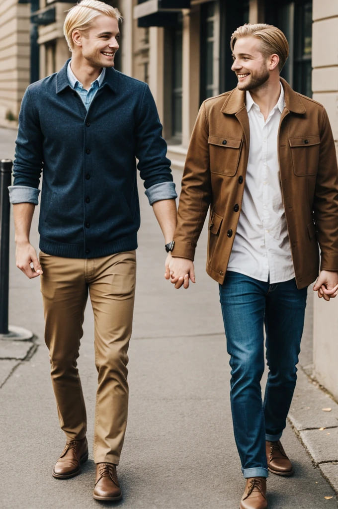 Two men holding hands, one happy blonde and the other brown 