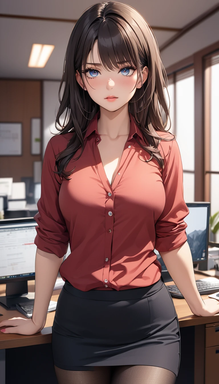 (((masterpiece))),(((High resolution)))、(((8K)))、(((perfect face)))、(((beauty of japan)))、30 years old、(((beautiful face))), (((office))), (((shirt))), ((pencil skirt)), ((tights)), embarrassed look, look at the camera, top quality eyes, detailed texture, look at the camera, all body, big , Married woman, cool women, (((high resolution eyes)))