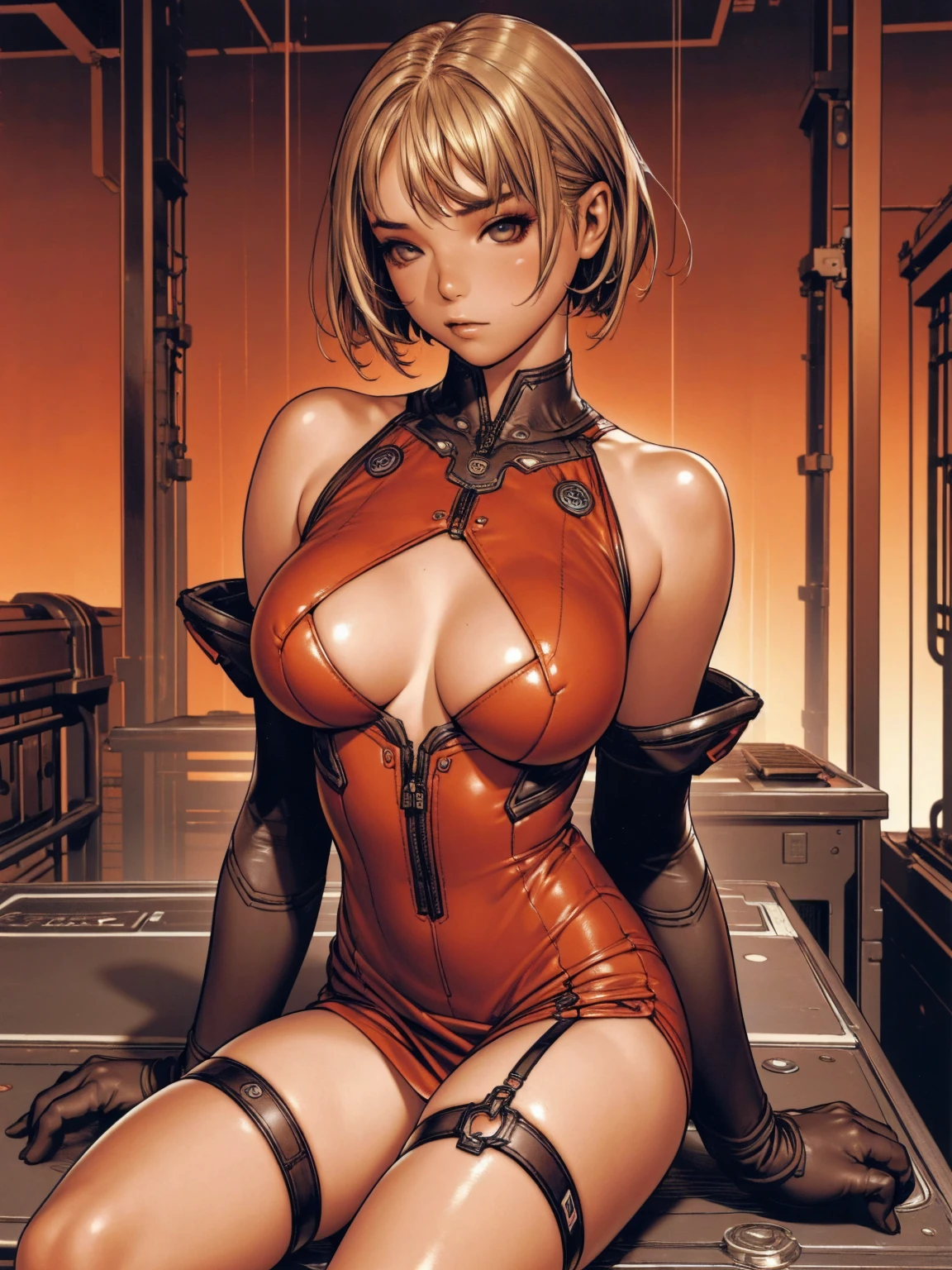 (((Woman))), (((best qualityer))), (((masterpiece))), (((grown-up))), (((1girl))), ((( hair blonde ))), (((red))), (((short dress))), (((bob haircut))), A girl wearing a red leather mini dress with vertical seams, Dress fitted in the chest and chest widening from the waist down, big breasts, wide V-neck, Zipper in the center of the neck, shoulders and arms covered by a tight black blouse with multiple buckles, black gloves, wide bracelet, coxas nuas, garter belt holding red leather stocking, (((Loire))), (((messy hair))), almost naked in the style of Adam Hughes for the cover of Penthouse comix magazine, Cyberpunk mini-dress, Minimum clothing, red futuristic dress, (((from the knee up))), ((( short blonde hair ))), Ao fundo, An abandoned factory with an intricate design, (((Giant machines))), Two-tone lighting, film granulation