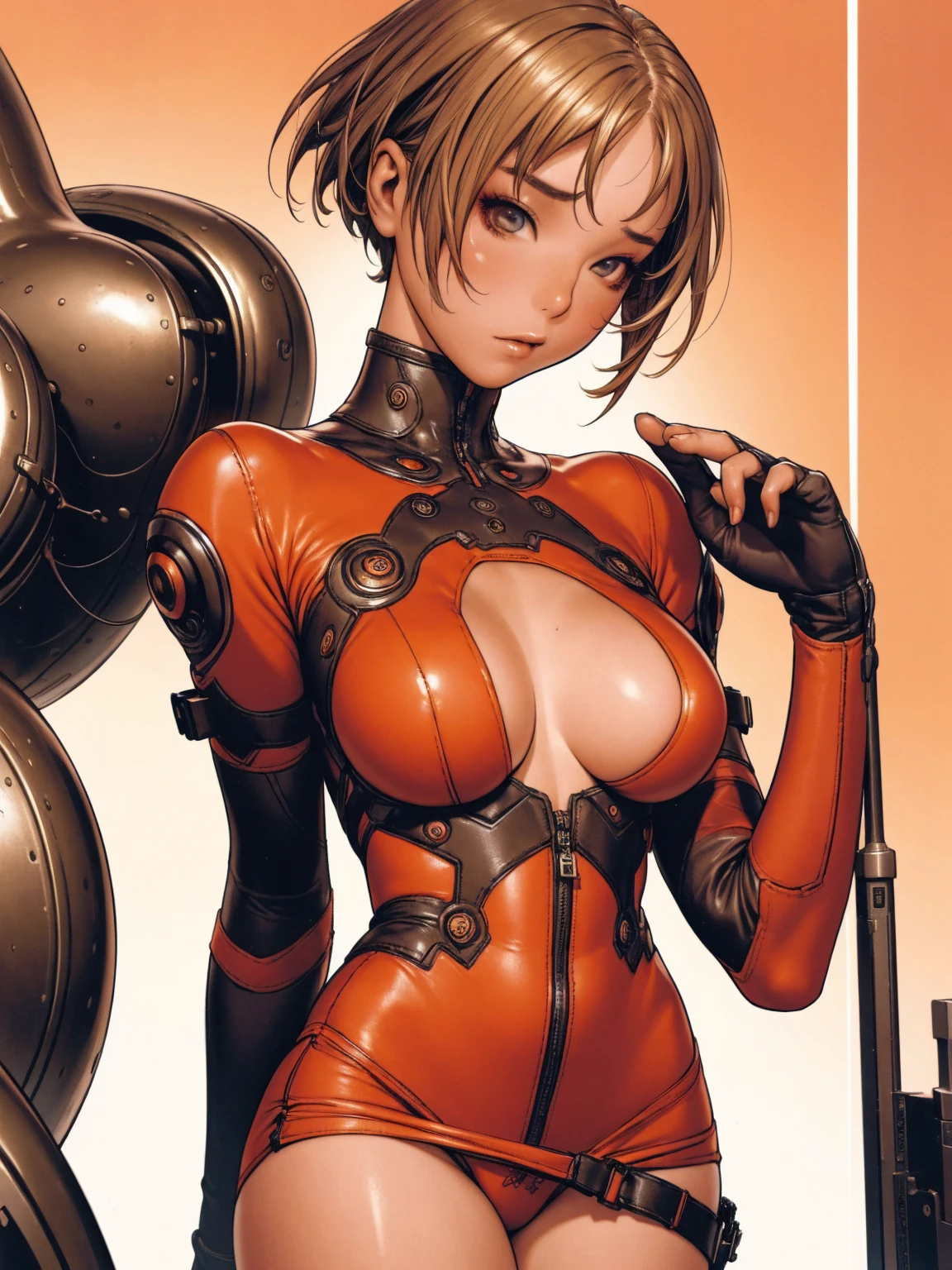 (((Woman))), (((best qualityer))), (((​masterpiece))), (((grown-up))), (((1girl))), ((( hair blonde ))), (((red))), (((short dress))), (((bob haircut))), A girl wearing a red leather mini dress with vertical seams, Dress fitted in the chest and chest widening from the waist down, big breasts, wide V-neck, Zipper in the center of the neck, shoulders and arms covered by a tight black blouse with multiple buckles, black gloves, wide bracelet, coxas nuas, garter belt holding red leather stocking, (((Loire))), (((messy hair))), almost naked in the style of Adam Hughes for the cover of Penthouse comix magazine, Cyberpunk mini-dress, Minimum clothing, red futuristic dress, (((from the knee up))), ((( short blonde hair ))), Ao fundo, An abandoned factory with an intricate design, (((Giant machines))), Two-tone lighting, film granulation