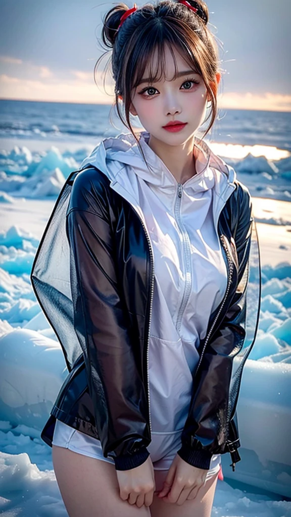 ((HD)), ((whole body)) news photography, ((pilot)), Large Breasts, ((Wearing an open raincoat and underwear)), ((Lockheed Vega 5B in the Arctic)), ((enchanting)), ((Hair tied into a bun)), ((looking at camera)), detailed, detailed pretty face, sharp focus, (detailed and intricate), 4K, Leica 35mm F2.8, Fuji Superia Reala 100