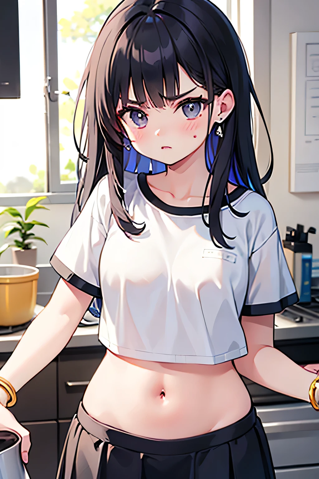 super fine illustration, vibrant colors, masterpiece, sharp focus, best quality, depth of field, cinematic lighting, ultra detailed, short sleeves, cropped t shirt, white skirt, navel, belly button, tummy, wide hips, 1 woman, solo, milf, very messy hair, long hair, slender, blush, annoyed, mature female, tall woman, looking down, v-shaped eyebrows, small breasts, black hair, kitchen, earring, bangle 
