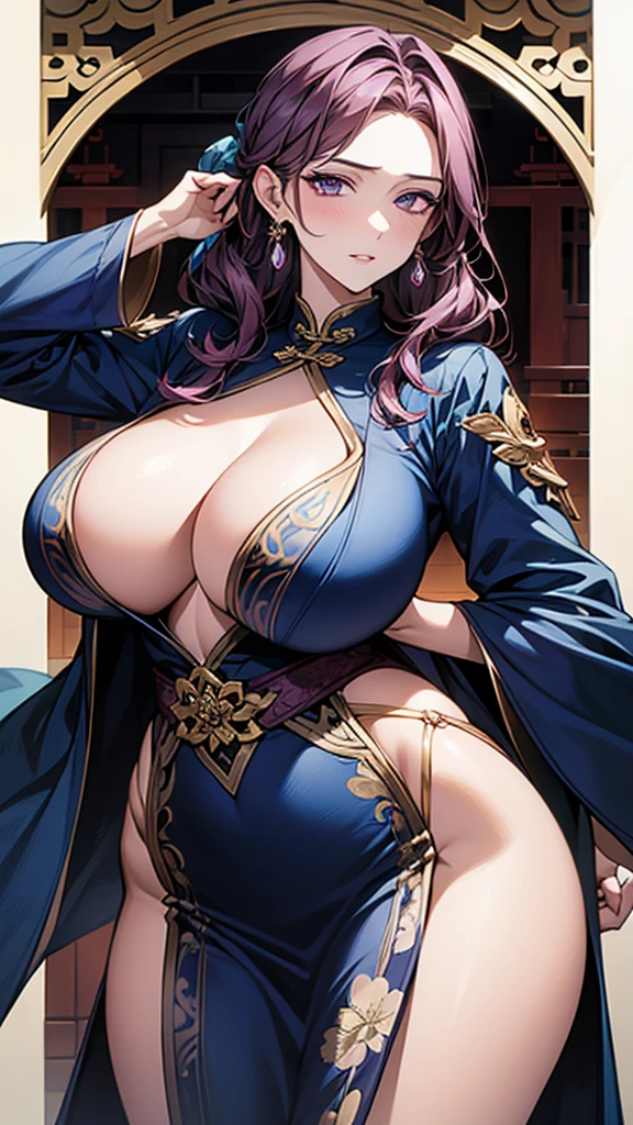 (art: 1.2), (best quality: 1.2) 1 woman, Mature ager, 185 cm tall, looked to be about 20 years old, had long dark purple hair, straight shiny hair tied in a green jade hairpin in Taotist style Chinese, purple purple eyes, extremely detailed eyes, perfect eyes, extremely realistic eyes, well-aligned eyes, long eyelashes, anime style, Extremely beautiful face, face that is affectionate and benevolent to the viewer, delicate and Mature face, full lips, Mature, skin fair, natural body, sexy body, MILF body, with one hand holding her waist, perfect hands, detailed hands, hands well proportioned to the body, realistic hands, arms with good anatomy, she wore a navy blue dress with a long Chinese style decorated skirt in gold and silver that still couldn't hide her extremely large and huge breasts that were hanging down due to her size, she was fully covered by paia, thick thighs fully covered, wide hips, looking at the viewer with a benevolent facial expression, scene of background, in an oriental-style Chinese pavilion, posing alone Looking at the viewer.