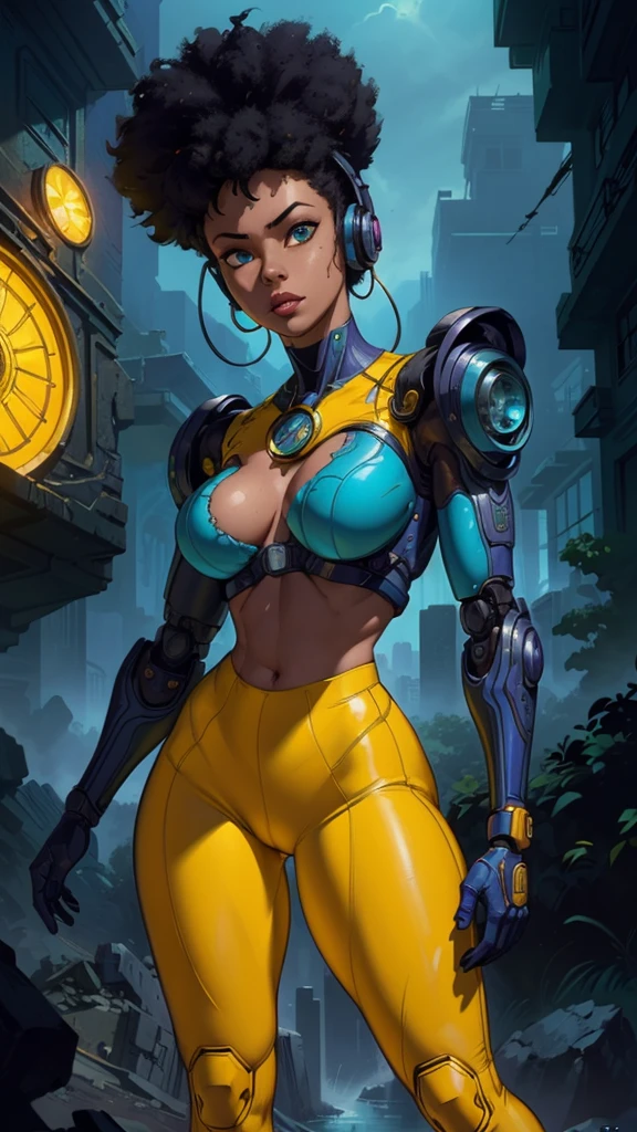 (The best quality,A high resolution,Ultra - detailed,actual),Selena Gómez with headphones on and a (yellow outfit:1.4) , (afrofuturism style:1.4) , afrofuturism, rossdraws | afrofuturism, Beeple. hyperrealism, (style hybrid mix of Beeple:1.4) , cinematic Beeple, realism | Beeple, afrofuturistic, Beeple daily art, cyberpunk art ultrarealistic 8k, cyberpunk vibrant colors,(Selena Gómez :1.4), (cinematic lighting :1.4), (perfect ??????? :1.4), ,(Fondo de ruinas de mazmorra en ruinas cyberpunk :1.4 ), (pose dinámica vaquero), (face detailed Selena Gómez :1.4), (Five Fingers, Four fingers and thumb),(cyborg yellow mecánica transparente plastic :1.4), ,(Fondo de ruinas de mazmorra en ruinas:1.4 )