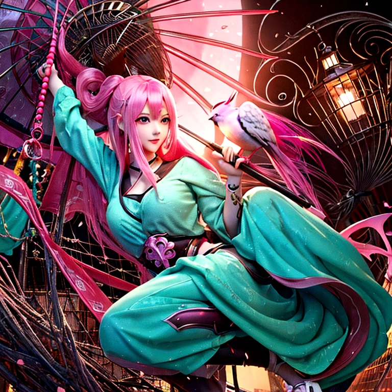 Pink haired anime girl holding a red umbrella and a bird cage, Extremely detailed Artgerm, Kushat Krenz Key Women in Art, Ink art animation , Anime Art Wallpaper 4K, Anime Art Wallpaper 4K, Anime Fantasy Artwork, best anime 4k konachan wallpaper, anime art wallpaper 8 k, Artwork in the style of Guweiz