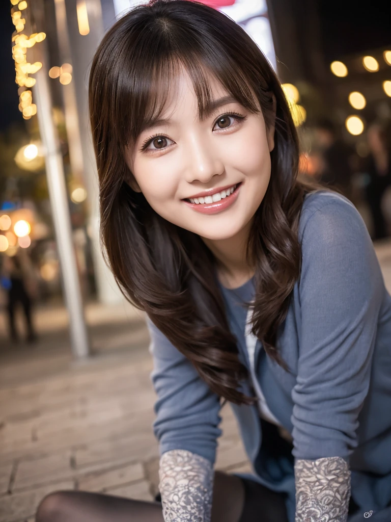 8k, (Raw photo:1.2), (Photorealsitic), Beautiful detailed, beautiful Japanese women、 (Real: 1.4), extremely detailed eye and face, beatiful detailed eyes, ((Dazzling night illumination plaza:1.2)), ((Women's Suits:1.3, Ultra-realistic pantyhose:1.2))、selfee、Instagram、harsh trial、huge filesize, hight resolution, ighly detailed, top-quality, [​masterpiece:1.6], illustratio, ighly detailed, nsfw, finely detail, top-quality, 8k wallpaper, Cinematographic lighting, 1 milf, 19 year old, perfect body, Beautiful big drooping eyes, ((masutepiece)), Best Quality, eye shadow,  high-heels、Portrait、(Very affectionate smile:1.2)、realistic skin textures、shinny skin、Exposed thighs, low angle photo, full body shot,