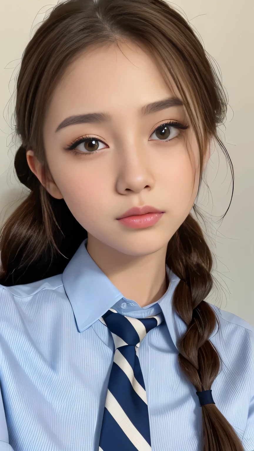 (Tabletop:1.4, Photorealistic:1.4, 8K), Highest quality, masterpiece, Ultra-high resolution, Perfect dynamic composition, Big Face、Round face、((Brown Hair, Long Hair, French Braid))、Highly detailed skin and facial textures:1.3, Limb details, 1 Girl, Cute sexy 22 year old woman, (Sunburn:1.2), ((Totally captivates you:0.9)), ((school uniform, Light blue collared short sleeve shirt, Striped tie)),Medium Chest, (Distant eyes, Beautiful Eyes, Brown eyes、Beautiful erotic eyes:0.85), Sexy Face:0.4, (Mouth closed、Small Mouth、Thick lips、A taste of beautiful eroticism:0.85), ((Too cute beauty:0.9))、Gal Makeup、((close))