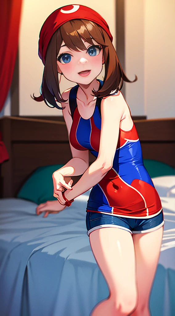 brown hair，blue eyes，short hair，Double tail，red headscarf，Red race swimsuit，Xiaoyao【Pokémon】blush，Smile，big breasts，Denim shorts，bedroom background, standing, idle