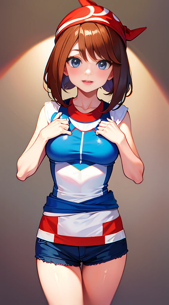 brown hair，blue eyes，short hair，Double tail，red headscarf，Red race swimsuit，Xiaoyao【Pokémon】blush，Smile，big breasts，Denim shorts，bedroom background, standing, idle