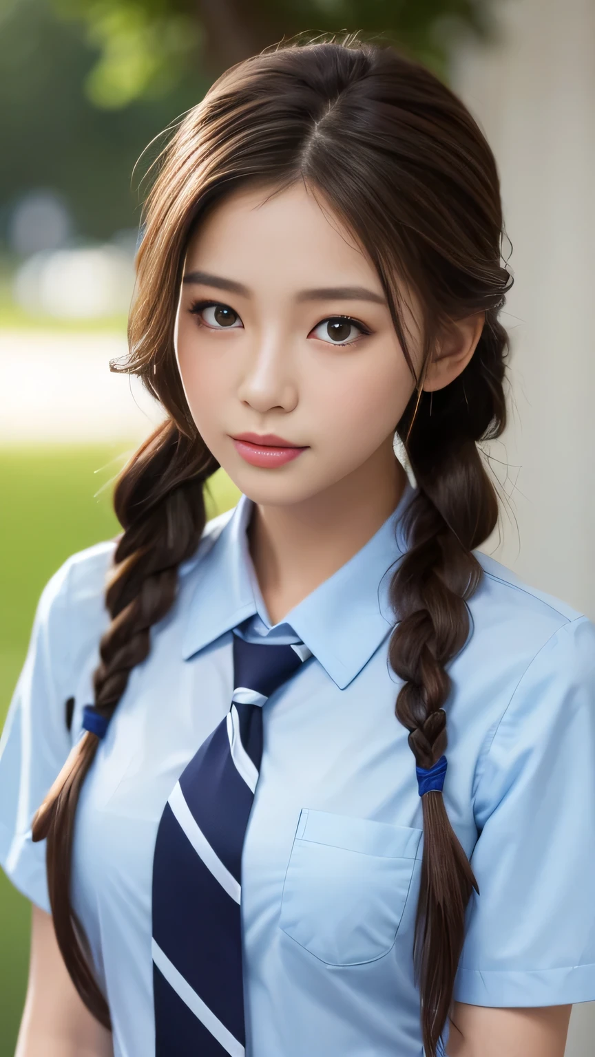 (Tabletop:1.4, Photorealistic:1.4, 8K), Highest quality, masterpiece, Ultra-high resolution, Perfect dynamic composition, Big Face、Round face、((Brown Hair, Long Hair, French Braid))、Highly detailed skin and facial textures:1.3, Limb details, 1 Girl, Cute sexy 22 year old woman, (Sunburn:1.2), ((Totally captivates you:0.9)), ((school uniform, Light blue collared short sleeve shirt, Striped tie)),Medium Chest, (Distant eyes, Beautiful Eyes, Brown eyes、Beautiful erotic eyes:0.85), Sexy Face:0.4, (Mouth closed、Small Mouth、Thick lips、A taste of beautiful eroticism:0.85), ((Too cute beauty:0.9))、Gal Makeup、((close))
