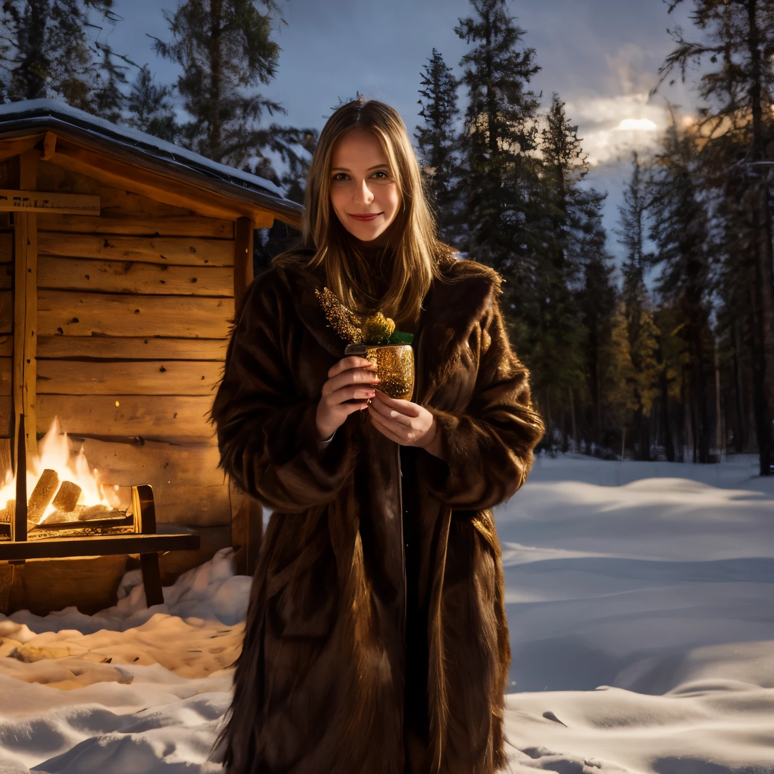 December - Festive Celebration in Lapland
A woman named LaGermania posing for a chic calendar photoshoot in Lapland during December. She stands under the shimmering Northern Lights with snow-covered pine trees in the background, dressed in a luxurious fur coat and sparkling evening gown. In her hands, she holds a traditional Sami drum adorned with intricate reindeer motifs, symbolizing the indigenous culture of the Arctic region. The scene captures the magic and enchantment of Lapland's winter wonderland, celebrating the festive spirit and natural beauty of the Arctic Circle.