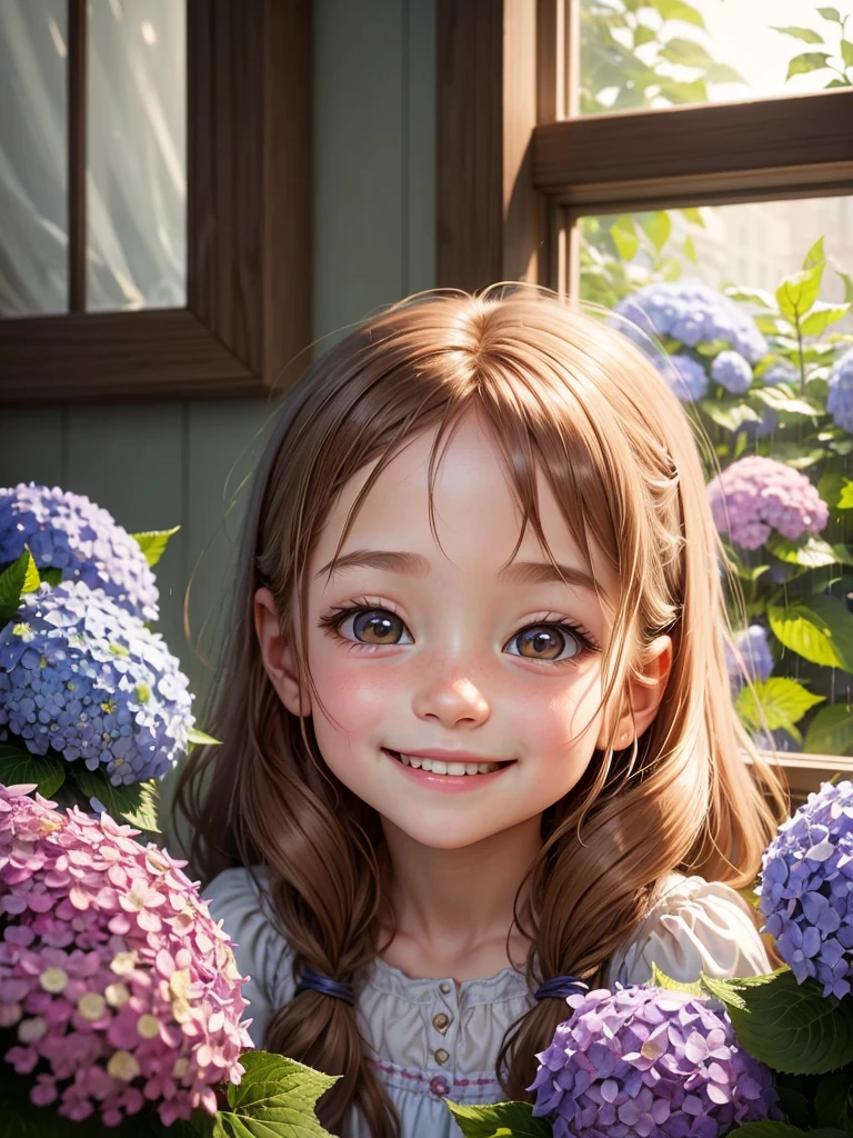 Highest image quality, a cute 5-year-old girl smiling happily, surprisingly big and bright eyes, long eyelashes, chestnut brown hair, a young girl, a friendly and bright smile, hydrangeas blooming outside the window due to the pouring rain. ing,