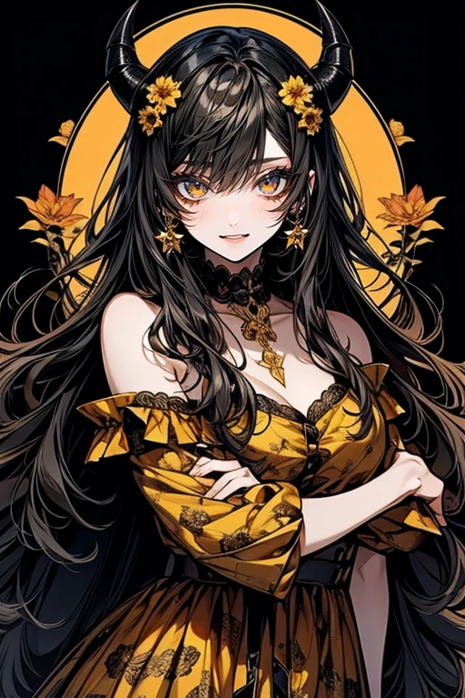 Half body, A beautiful woman, long wavy black hair, brown eyes, horns and fangs, yellow dress with black details, and bee and flower prints