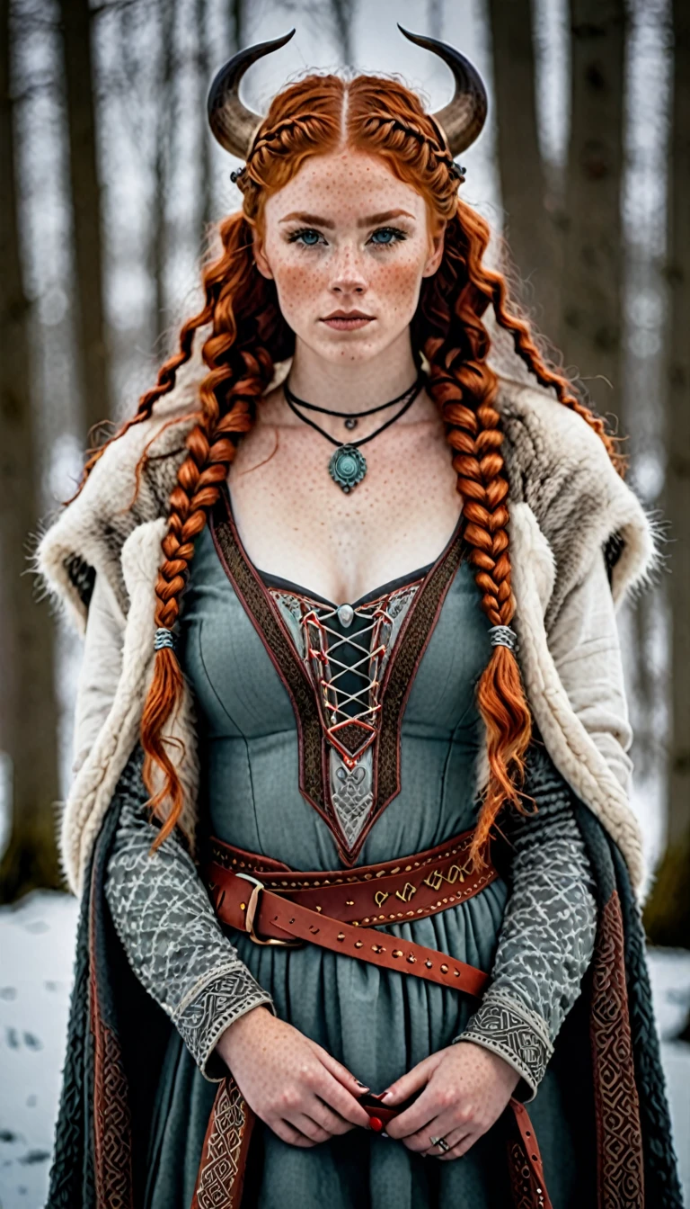 epic woman, curly red hair, two braids, intricate details, furs, freckles, viking clothing, medieval costume Classic lingerie white in Dublin ireland