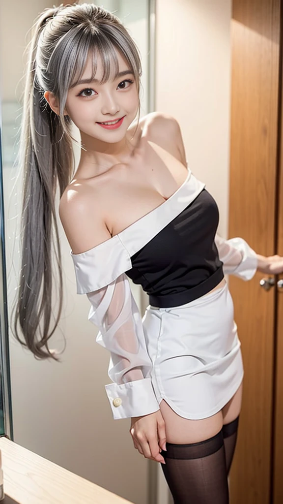 (girl standing in office room),(Rear view)),(look back), silver hair, bangs, 鈍いbangs, long straight hair, (side ponytail)aqua eye, long eyelashes, three-dimensional round eyes, compensate, open your mouth, blush, parted lips, bright pupils, smiley, enchanting smile, shine, surrealism, modern,career woman、)lou(white shirt、off shoulder tight skirt、black pantyhose、high heels、(ホワイトlouスクロップトップ, black tight skirt: 1.6)、(wearing glasses)、