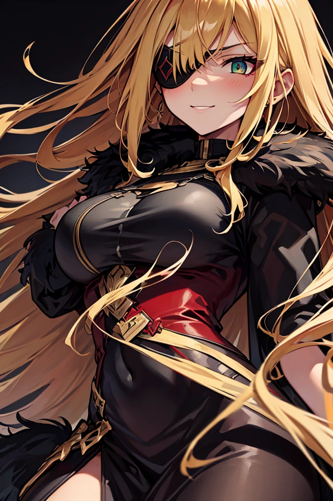 ((masterpiece)), ((best quality)), 1girl, adult, long hair, big bust, ((blonde hair)), very long blonde hair, ((intimidant look)), ((close-up)), profile image, green eyes, black and red clothes, sexy, dark colors, brillant eyes, ((coat with fur)), ((wavy hair)), exposed skin, ((sexy pose)), ((intimidant look)), good anatomy, ((dark sage clothes)), ((straight cut bangs)), emotionless, intimidant, ((beautiful eyes)), dark background, close up, ((detailed eyes)), beautiful eyes, ((detailed face)), hair bang, frontal look, evil, relaxed, smile, magical goddess othinus, abs, detailed face, eyepatch, huge tits, full body, ((detailed))