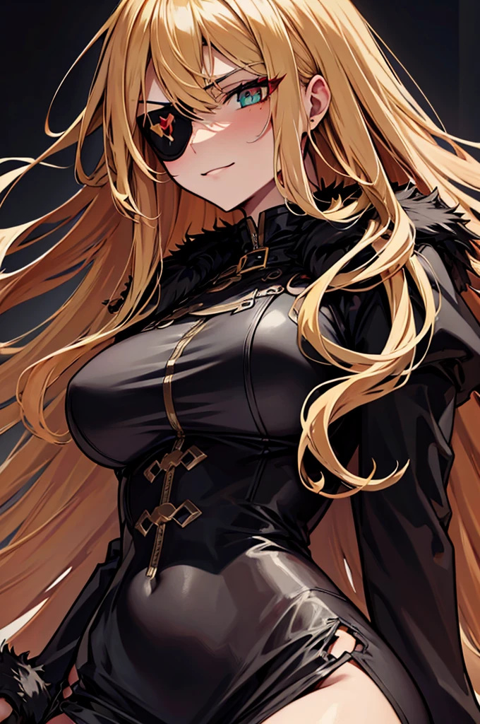 ((masterpiece)), ((best quality)), 1girl, adult, long hair, ((blonde hair)), very long blonde hair, ((intimidant look)), ((close-up)), profile image, green eyes, black and red clothes, sexy, dark colors, brillant eyes, ((coat with fur)), ((wavy hair)), exposed skin, ((sexy pose)), ((intimidant look)), good anatomy, ((dark sage clothes)), ((straight cut bangs)), emotionless, intimidant, ((beautiful eyes)), dark background, close up, ((detailed eyes)), beautiful eyes, ((detailed face)), hair bang, frontal look, evil, relaxed, smile, magical goddess othinus, detailed face, eyepatch, full body, ((detailed))