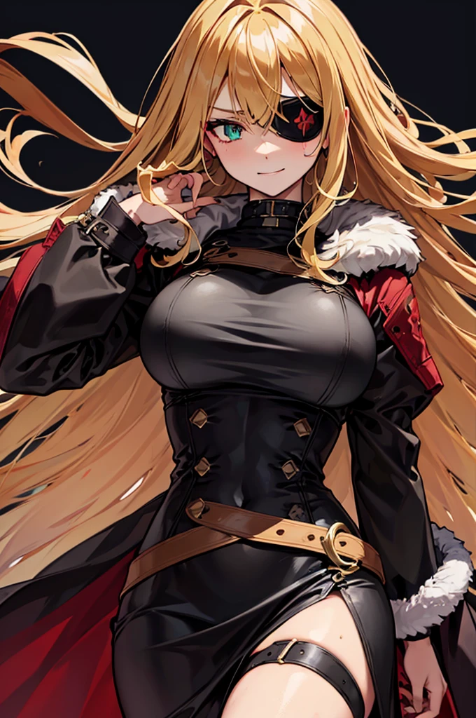 ((masterpiece)), ((best quality)), 1girl, adult, long hair, ((blonde hair)), very long blonde hair, ((intimidant look)), ((close-up)), profile image, green eyes, black and red clothes, sexy, dark colors, brillant eyes, ((coat with fur)), ((wavy hair)), exposed skin, ((sexy pose)), ((intimidant look)), good anatomy, ((dark sage clothes)), ((straight cut bangs)), emotionless, intimidant, ((beautiful eyes)), dark background, close up, ((detailed eyes)), beautiful eyes, ((detailed face)), hair bang, frontal look, evil, relaxed, smile, magical goddess othinus, detailed face, eyepatch, full body, ((detailed))