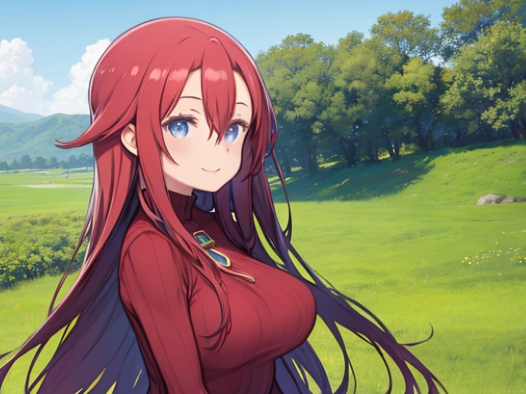 One Girl、Red color hair、long hair、Hair between the eyes、Big Breasts、Huge breasts、Blue Eyes、Red turtleneck sweater、Clothes that fit the body、Upper Body、Angle from the side、Looking to the side、grassland、blue sky、Smiling、grassland、