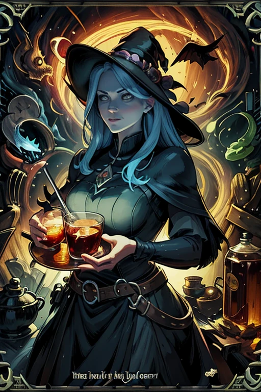 Trading card of [Witch Brewing Potion], [Arte Digital], [Estilo Cartunesco], [Morgana CartoonArt], [Artistation], [Cartoonish resolution], [Vivid and charming colors], [Fun lighting], [Lente wide-angle para abranger a cena]