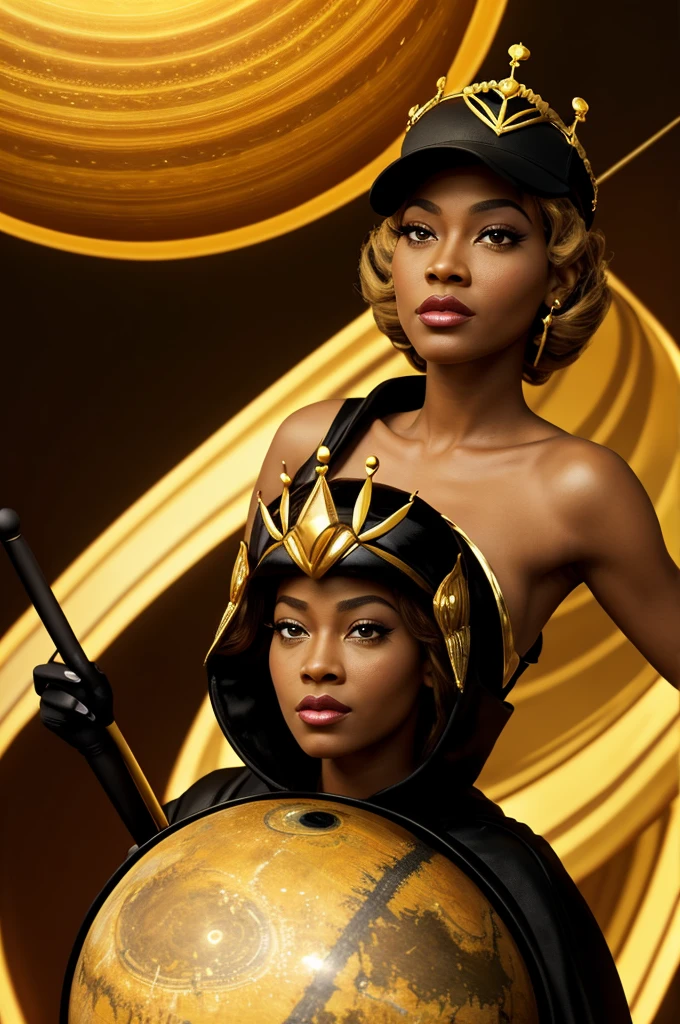 Pixar style image queen bee with shiny crown in the company of a golden planet Saturn with black eyes, and black Yankees cap.