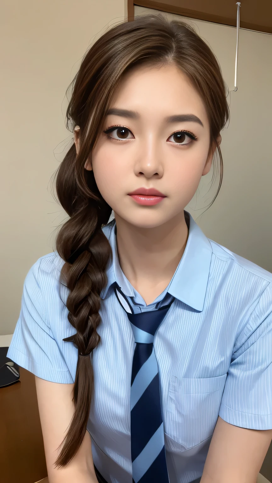 (Tabletop:1.4, Photorealistic:1.4, 8K), Highest quality, masterpiece, Ultra-high resolution, Perfect dynamic composition, Big Face、Round face、((Brown Hair, Long Hair, French Braid))、Highly detailed skin and facial textures:1.3, Limb details, 1 Girl, Cute sexy 22 year old woman, (Sunburn:1.2), ((Totally captivates you:0.9)), ((school uniform, Light blue collared short sleeve shirt, Striped tie)),Medium Chest, (Distant eyes, Beautiful Eyes, Brown eyes、Beautiful erotic eyes:0.85), Sexy Face:0.4, (Mouth closed、Small Mouth、Thick lips、A taste of beautiful eroticism:0.85), ((Too cute beauty:0.9))、Gal Makeup、((close))