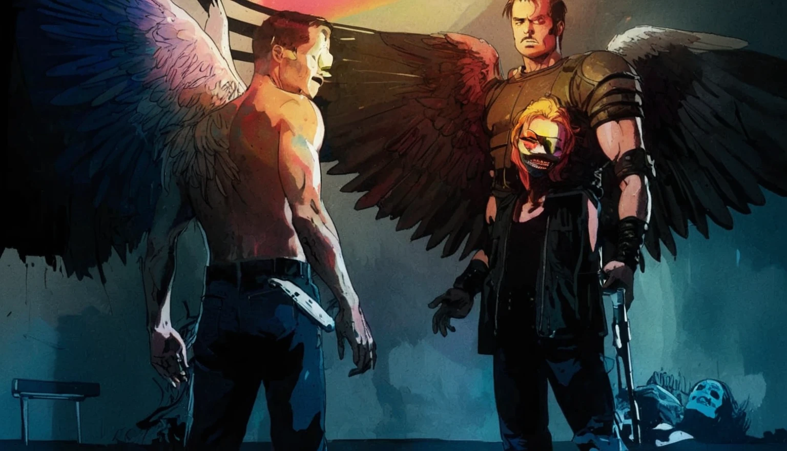 Fallen angels, cinematic, maximal moody, comic splash page poster, image within image, multiple exposure, massive scale, rich color grading for shading depth, hand drawn rotoscope cartoon realism, chiaroscuro lighting, mixed media, vintage comic, retro original design, 1990's comic set in 1960's, sense of movement and energy, tropical rot, rewilding, (full roygbiv color) ink, VHS, glitch, distorted, nostalgia, 90's retro vibes, analog tape, vcr aesthetics, tv, television, hand drawn, (full roygbiv color) ink charcoal expressive illustration, no light source, darkness, light mask uv rays across face