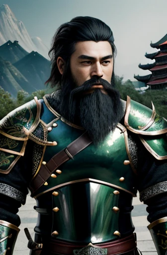 Ancient Chinese young man ,whole body ,(green metal armor, metal dragon head on the shoulder, Holding a sword, (Skin of color, ),(long heavy black beard):1.2), (green metal armor with intricate pattern:1.2), gloves, Long trousers, (Very detailed, bloom:1.5), (Highest quality, Concept Art, 4K), (analog:1.2), (high sharpness), (Detailed pupil:1.1), (Painting:1.1), (digital Painting:1.1), Detailed face and eyes, masterpiece, Highest quality, (Very detailed写真:1.1), 8K, photoRealistic, (Dark Hair, Dynamic Short Hair), (PurerosFace_v1:0.2), [:(Detailed face:1.2):0.2], sharp, Realistic, Realistic Shadow, (Chinese castle background:1.2), 