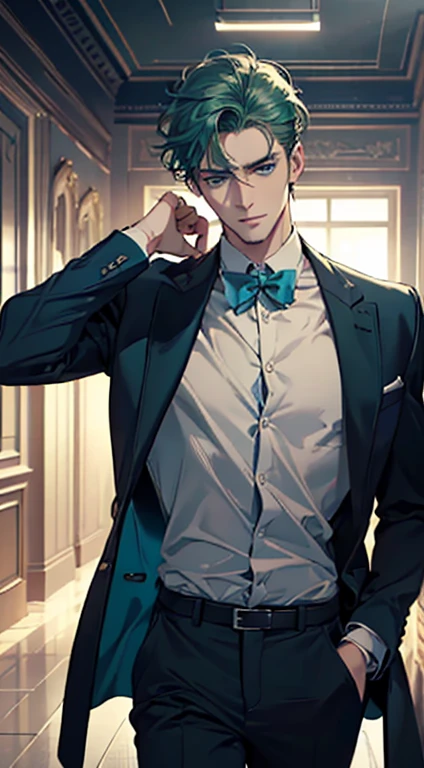 (best quality, masterpiece, 8K, photorealistic, cinematic lighting, 1:4 hdr image, ultra detailed, beautiful image), a mature man, 34 years very handsome, ((cold expression)), short green hair, blue eyes, face perfect without mistakes, ((buttoning his jacket, CEO))
