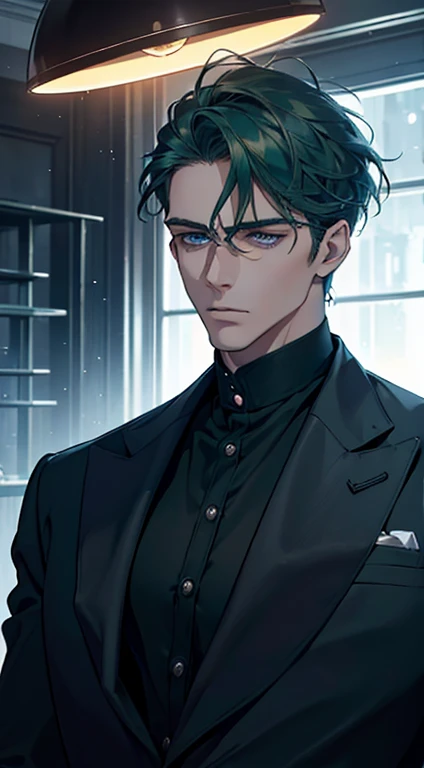 (best quality, masterpiece, 8K, photorealistic, cinematic lighting, 1:4 hdr image, ultra detailed, beautiful image), a mature man, 34 years very handsome, ((cold expression)), short green hair, blue eyes, face perfect without mistakes, ((buttoning his jacket, CEO))