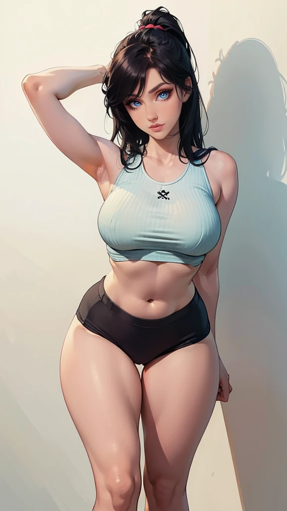 ((masterpiece)),(((best quality))), ((vulgar)), thick thighs, 1girl, black hair, curvy, wearing tank top, yoga pants, knee socks, SFW, simple background, posing sexy