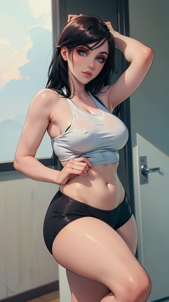((masterpiece)),(((best quality))), ((vulgar)), thick thighs, 1girl, black hair, curvy, wearing tank top, yoga pants, knee socks, SFW, simple background, posing sexy